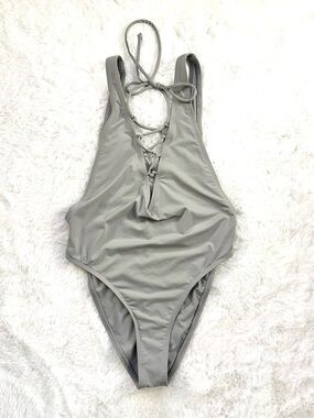 New DIPPIN DAISY’S Gray Lace Tie Up Plunge One Piece Swimsuit Small NWT Monokini